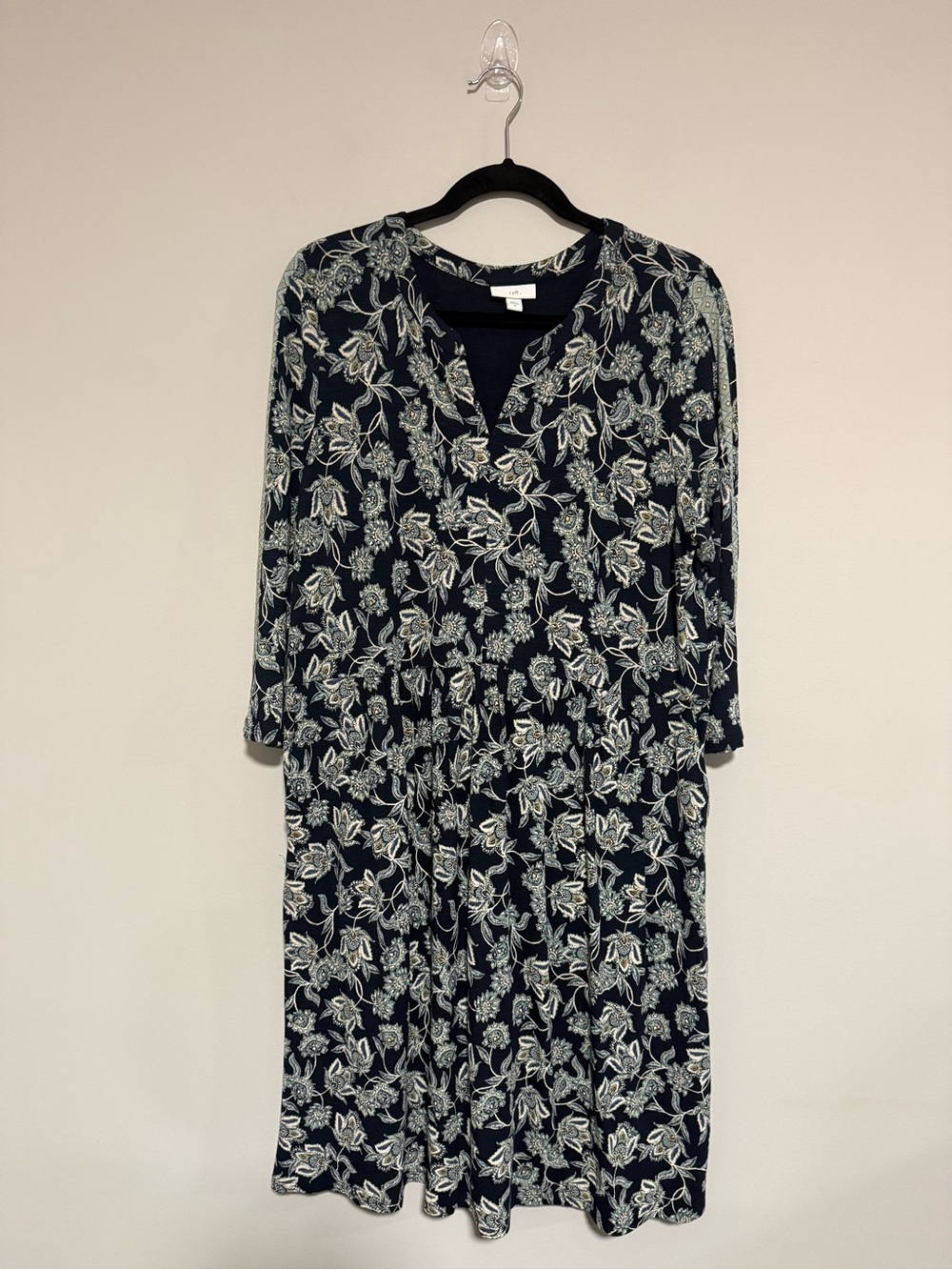 J. Jill Navy Floral V-Neck 3/4 Sleeve Midi Dress Size Medium Coastal Classic